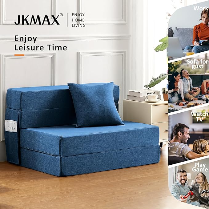 JKMAX Twin Size Folding Sofa Bed - 4 in 1 Foldable Couch with Pillow - High Density Memory Foam Sleeper Chair - Convertible Fold Out Bed with Washable Modern Linen Cover for Home Office (Blue)