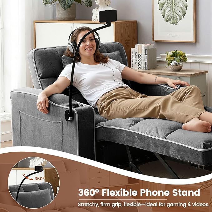 Convertible Sleeper Chair Bed, Pull Out Chair Sleeper with Bracket and Cup Holder, Chairs Bed Sleepers for Adults, 3 in 1 Sofa Bed Chairs for Small Spaces, Living Room, Gray
