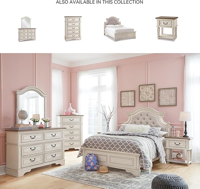 Signature Design By Ashley Realyn French Country Youth 6 Drawer Dresser, Chipped White & Brown