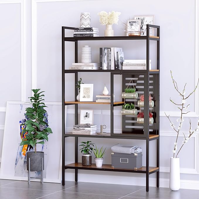 Anivia 5 Tier Bookshelf Tall Industrial Bookcase Wood Metal Frame Standing Book Shelf, Display Bookshelves Storage Organizer for Bedroom Living Room Home Office, Teak/Black