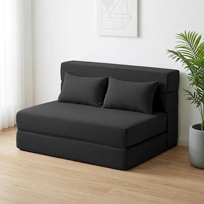 SUYOLS Folding Sofa Bed with Pillows- Convertible Chair Floor Couch & Sleeping Mattress, Foldable Memory Foam Sleeper for Living Room/Dorm/Guest Room/Home Office/Apartment/Loft, Twin, Dark Gray