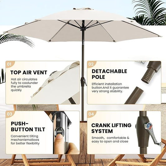 Ayge 7.5FT Large Outdoor Patio Umbrella Market Table Umbrella-UV Resistant, Easy Push Button Tilt and Crank, 6 Sturdy Fiberglass Ribs Heavy-Duty Pool Umbrella for Deck, Backyard,Garden, Yard,White