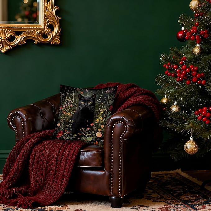 William Morris Inspired Wildflower Black Cat Pillow Covers 18x18, Cat Lover Mom Lady Gifts, Vintage Dark Cottagecore Black Kitten Decorative Throw Pillow Covers for Bedroom Living Room Home