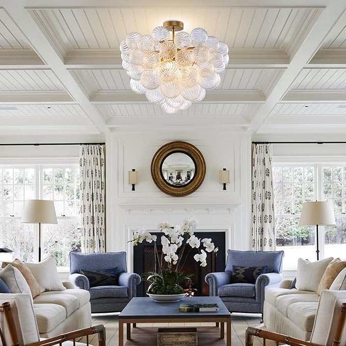 Longree Nordic Bubble Ball Swirled Glass Ceiling Lights Fixture, Dia 24 inch Gild Brass and Clear Blown Glass Small Chandelier for Bedroom Study Bathroom