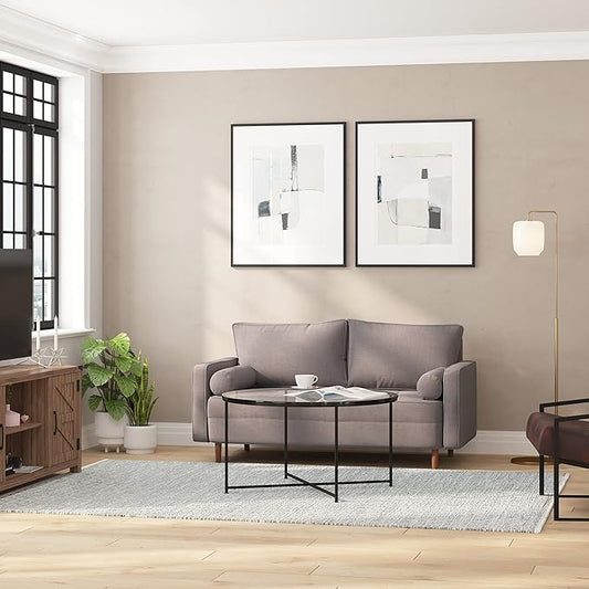Taylor & Logan Hendrix Tufted Faux Linen Upholstered Mid-Century Modern Loveseat with Solid Wood Legs in Dark Gray