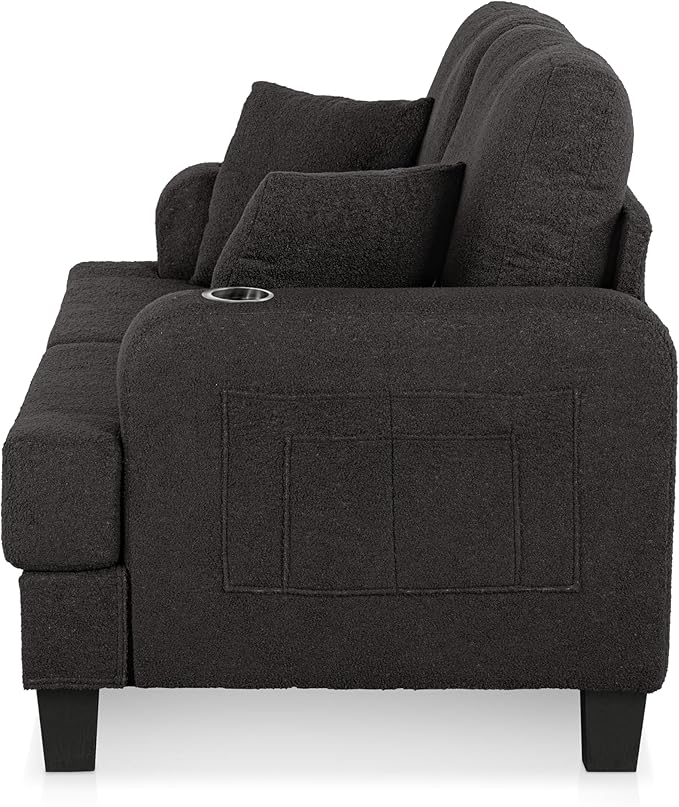 Homes: Inside + Out Reese Modern Plush Boucle Comfortable Loveseat with Side Pockets, Cup Holders and Pillows, Wooden Soft Couch for Living Room, Bedroom and Office, Dark Grey