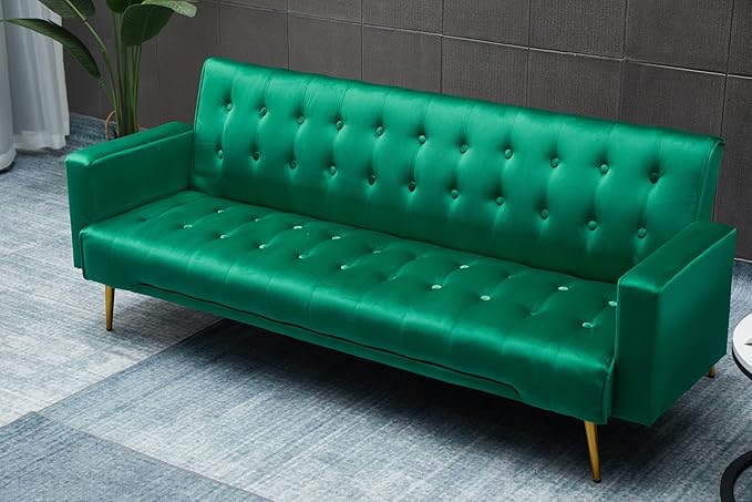 Eafurn Convertible Futon Sofa Bed, 75″Velvet Fabric Futons Loveseat Couch with Adjustable Backrest, Folding Sleeper Recliner Daybed for Living Room Furniture | Golden Legs, Wood Frame
