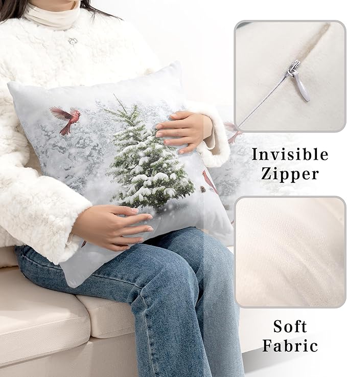 Winter Throw Pillow Covers 18X18 Snowy Natural Forest Decorative Pillow Case Set of 2 Green Pine Tree with Cardinal Birds Cushion Case for Couch Living Room Patio
