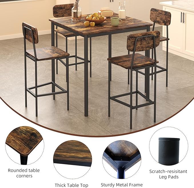 Kitchen Table and Chairs of 4, 5 Piece Dining Table Set, Sturdy Industrial Space Saving Dinette Set for Pub, Family Dinners, Apartment, Rustic Brown