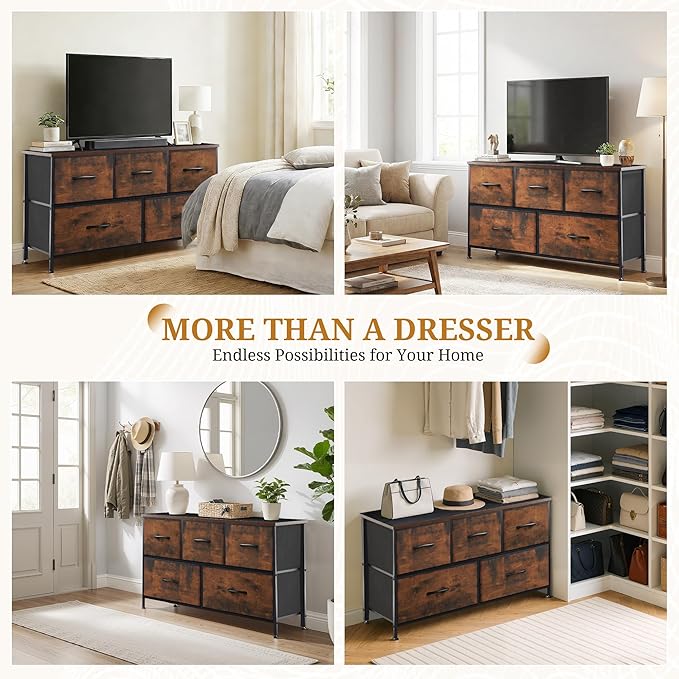 Dresser with 5 Drawers for Bedroom, Fabric Clothes Cabinet for Closet, Anti-Tip TV Stand for 45" TV, Storage Dresser with Metal Frame for Living Room, Entryway, Dorm, Brown