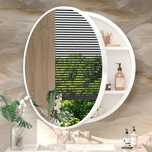 TokeShimi 26 Inch Round White Medicine Cabinet for Bathroom with Mirror Metal Framed Mirrored Bathroom Cabinet Surface Mount Only Removeable Shelves Modern Farmhouse Circle Vanity Mirror with Storage