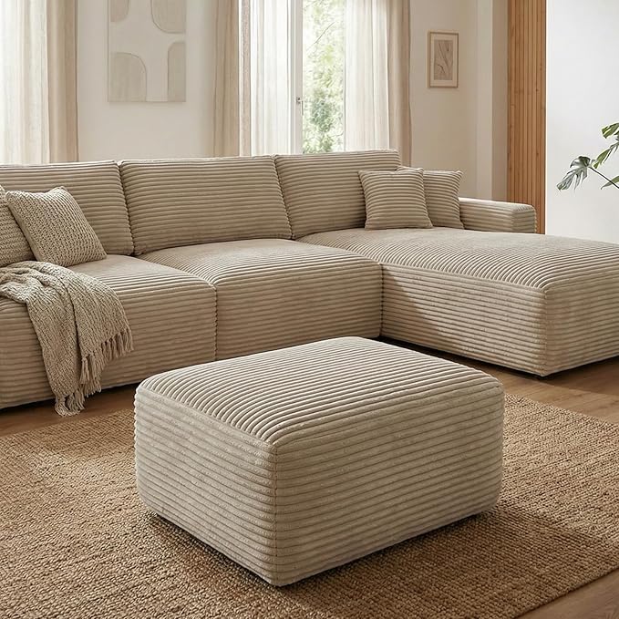 EVLIQUIL Large Ottoman Foot Rest 37" Beige, Sofa Couch Ottomon with Soft Long-Pile Fabric, High Resilience Foam & Spring Support, Ottoman for Living Room Extra Seating