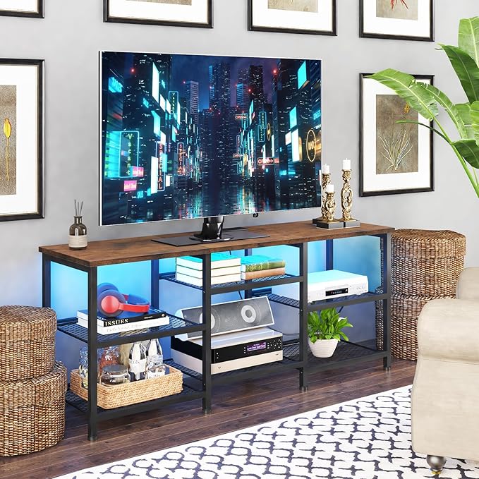 YGEOMER TV Stand for TVs Up to 55 Inches, Entertainment Center with Power Outlet and LED Lights Open Storage Shelves, TV Media Console Table for Living Room and Bedroom, Rustic Brown