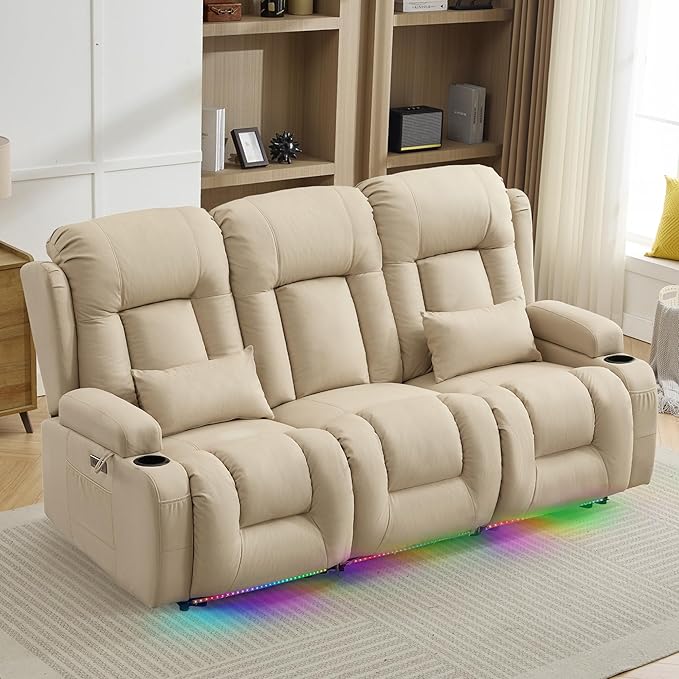 TUNYI Wall Hugger Loveseat Recliner Sofa with Console, Power Reclining Loveseat RV Couch with Massage & Heat/USB/Outlet/Storage/LED Light (Beige, 3 Seat)