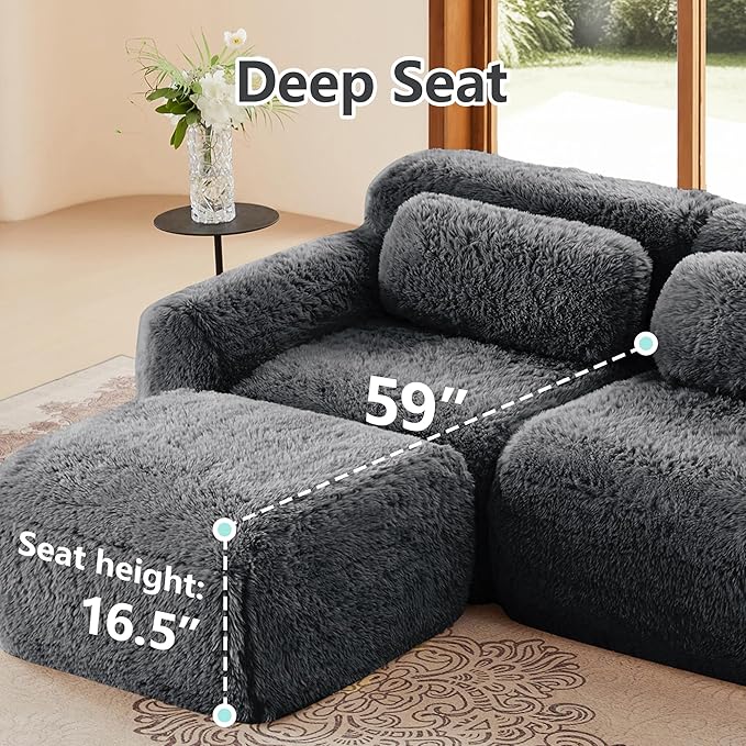80.4-Inch Boneless Love Seat Couches in a Box, Modern 2 Seat Floor Modular Foam Cloud Sofa Faux Fur Loveseat Couch W/Angle Armrests for Home Apartments Bedroom