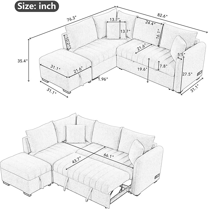 Merax Sofa Bed Sleeper Couch L Shaped Sofa with Storage Ottoman, L-Shape Sectional Couch with 2 USB Ports, 2 Power Sockets for Living Room and Small Apartment (Gray)