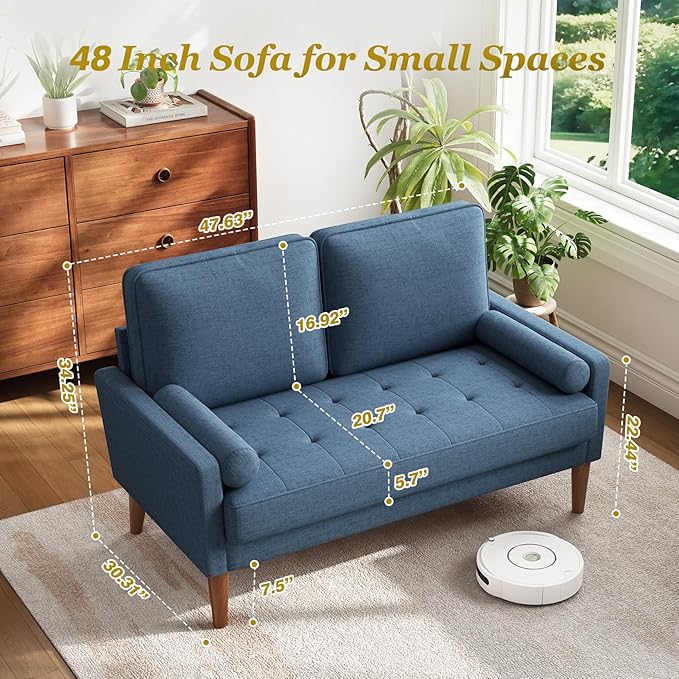 Vesgantti Loveseat Sofa with Solid Wood Legs, 48" Small Couches for Small Spaces, Love Seat for Living Room, Bedroom, Easy Assembly Mid Century Modern Couch with Throw Pillow for Apartment, Blue