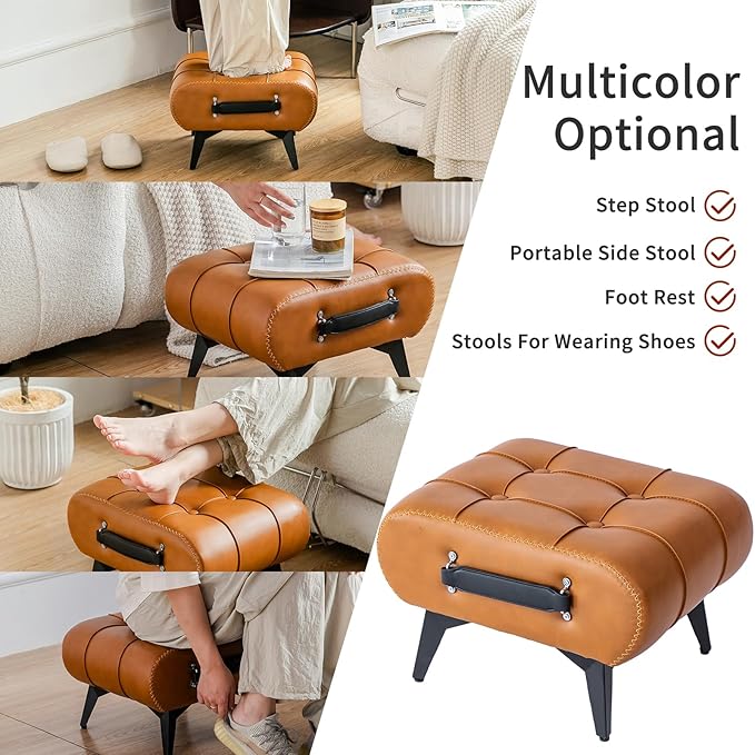 Small Footstool Ottoman - Stylish and Functional Faux Leather Footrest for Extra Seating in Living Room, Entryway, or Office