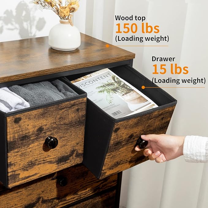 REAHOME Dresser for Bedroom with 8 Drawers Fabric Dresser Chest of Drawers with Wooden Top Sturdy Steel Frame Closet Storage Dresser for Living Room Hallway Closets Nursery (Rustic Brown) LHM8R1