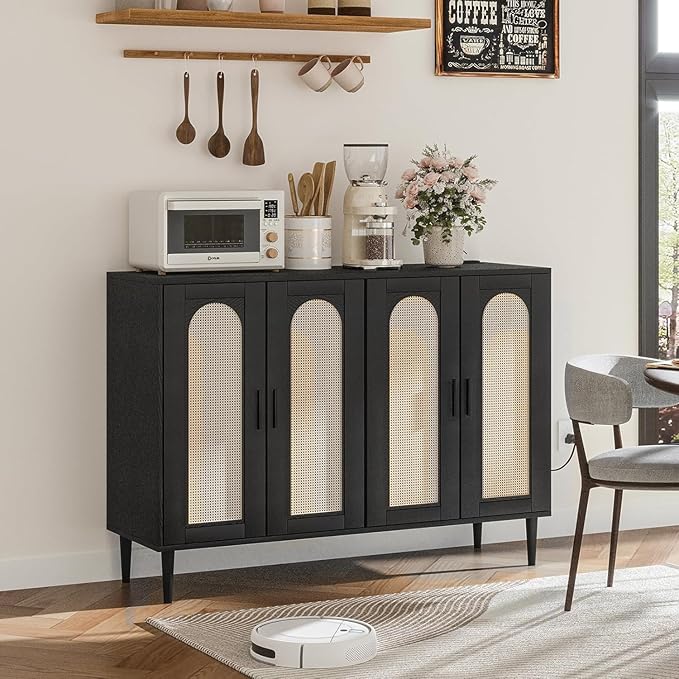 Rattan Sideboard Buffet Cabinet, Boho Accent Storage Cabinet, 4 Doors Console Table Coffee Bar with Power Outlet, Adjustable Shelves for Kitchen, Dining Room, Hallway, Living Room
