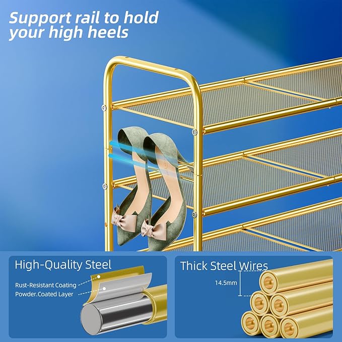 SUFAUY Shoe Rack for Closet, 33 inch Metal Shoe Shelf Heavy Duty, 3 Tier Mesh for Shoes, Gold