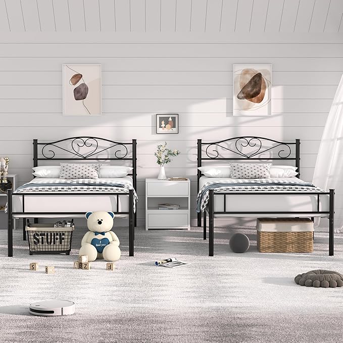 VECELO Twin Size Bed Frames with Headboard and Footboard, Metal Mattress Foundation, No Box Spring Needed, Heavy Duty/Easy Set Up, 2 PCS, Classic Black