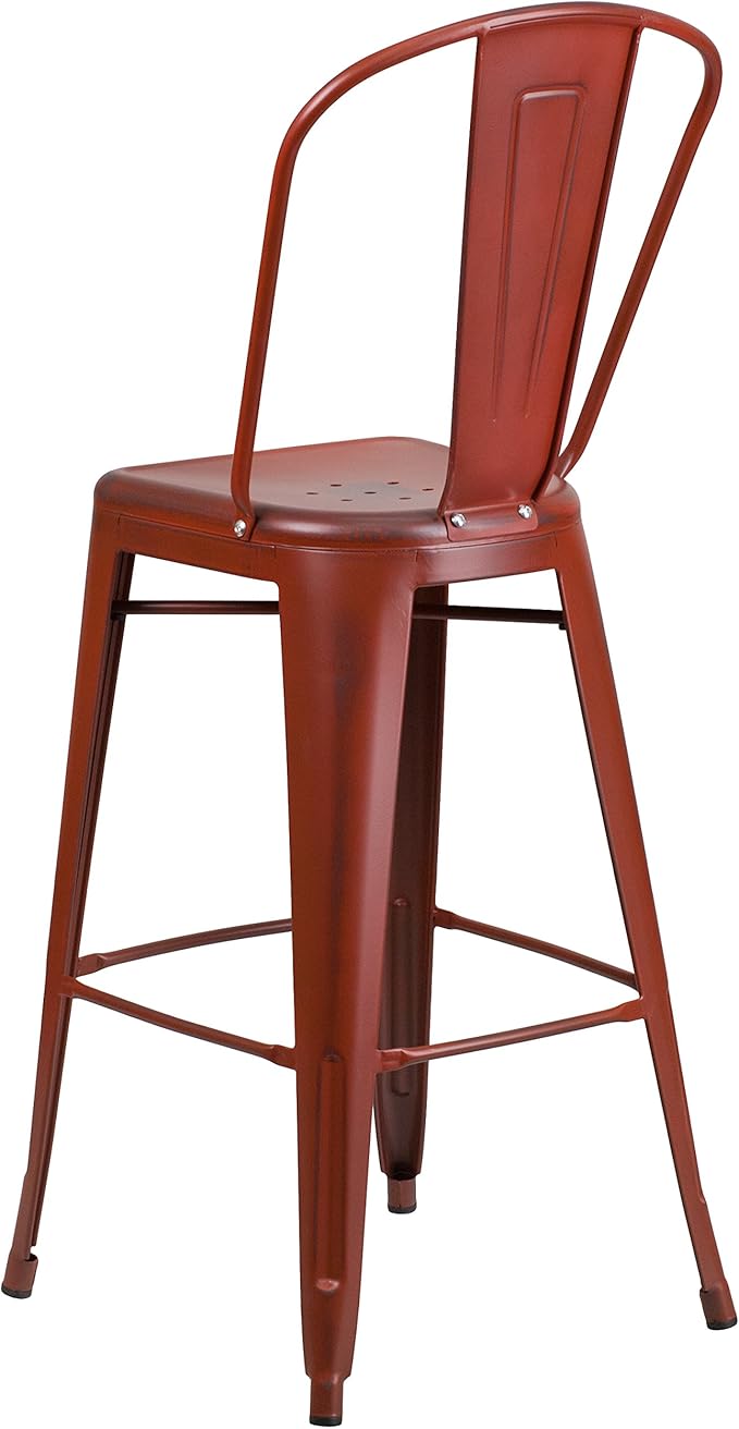 Flash Furniture Commercial Grade 30" High Distressed Kelly Red Metal Indoor-Outdoor Barstool with Back