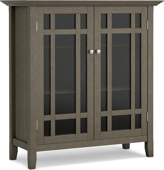 SIMPLIHOME Bedford Storage Cabinet - 39 inch Wide Solid Wood Medium Cabinet in Farmhouse Grey, Transitional Console for Living Room, Entryway, or Dining Room with Glass Doors and Adjustable Shelves
