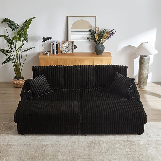 Corduroy Upholstered Modular Sectional Sofa Cloud Couch with Movable Ottoman, 84" Oversized Loveseat Convertible Sleeper Sofabed with 3 Cushion Backrest and Throw Pillows