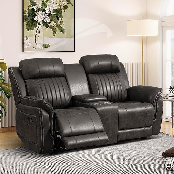 Power Loveseat Recliner Sofa with Zero Gravity, Adjustable Headrest, Power Reclining Loveseat with Console, Dual Ports, Electric Reclining Couch for Living Room (Charcoal, Loveseat)