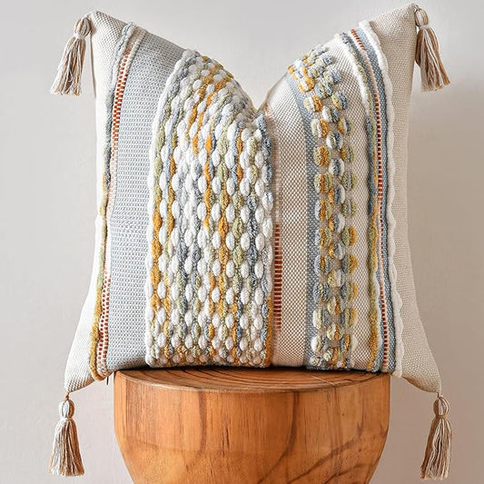 AmHoo Chenille Striped Textured Boho Throw Pillow Covers Aesthetic with Tassels Woven Decorative Pillow Case for Couch Bed Sofa Bedroom Modern Funky 18 x 18-Inch Grey