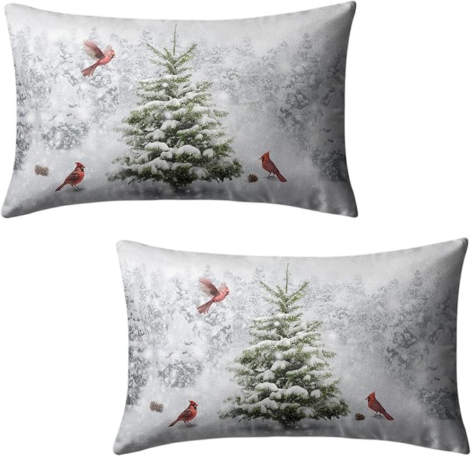 Winter Christmas Lumbar Pillow Covers 12x20 Set of 2 Snowy Natural Forest Rectangle Pillowcase Green Pine Tree with Cardinal Birds Waist Cushion Case for Couch Living Room Patio