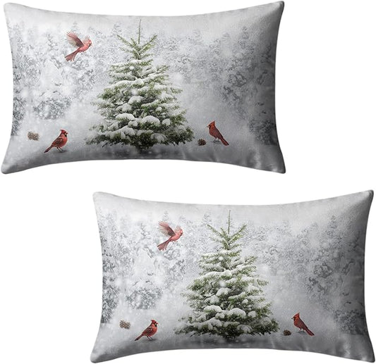 Winter Christmas Lumbar Pillow Covers 12x20 Set of 2 Snowy Natural Forest Rectangle Pillowcase Green Pine Tree with Cardinal Birds Waist Cushion Case for Couch Living Room Patio