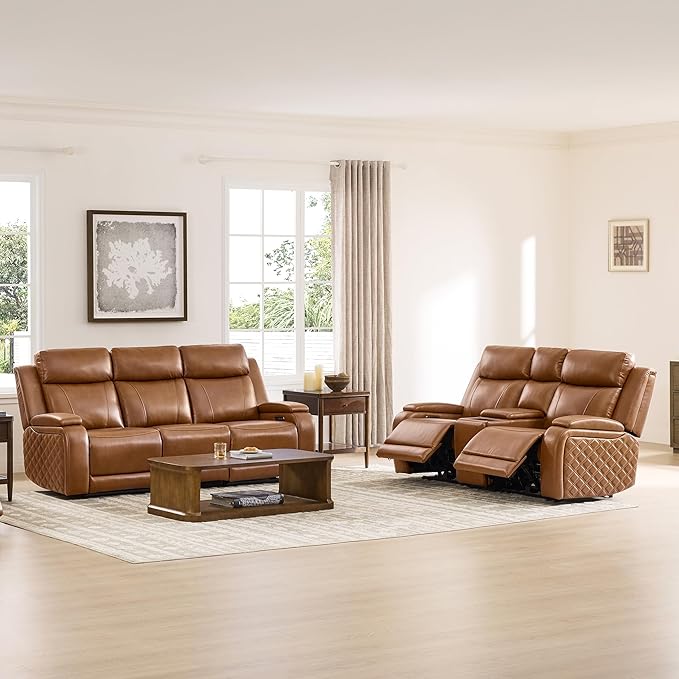 Watson & Whitely Genuine Leather Power Recliner Sofa and Loveseat Set, Zero Gravity Reclining Couch with Storage Console, Power Headrest & Wireless Charging, Cup Holders for Living Room, Saddle Brown
