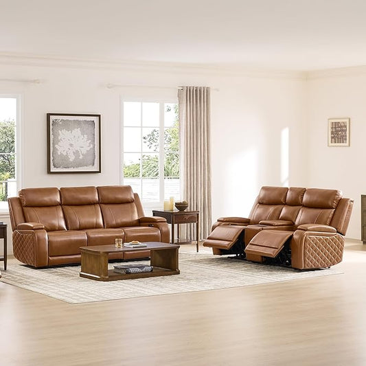 Watson & Whitely Genuine Leather Power Recliner Sofa and Loveseat Set, Zero Gravity Reclining Couch with Storage Console, Power Headrest & Wireless Charging, Cup Holders for Living Room, Saddle Brown
