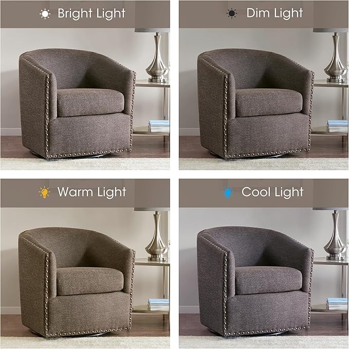 Madison Park Swivel Barrel Accent Chair, Upholstered Curved Back with 7-Inch Thick Woven Cushion, 360° Swivel, Nailhead Trim, Comfy Chair for Living Room, Bedroom, Office, 28" Wide, Chocolate, Tyler