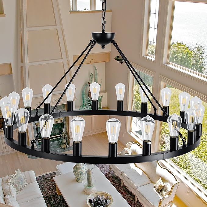40 inch Black Wagon Wheel Chandelier 20-Light Farmhouse Round Wheel Chandeliers Hanging Light Fixture Outdoor Wagon Wheel Chandelier for Porch for High Ceilings Dining Room