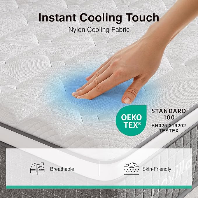 Novilla 12 Inch Full Size Mattress, Hybrid Mattress Full with Pocketed Coils & Gel Infused Memory Foam & Nylon Cooling Fabric for Motion Isolation & Pain Relief Comfort CertiPUR-US Certified