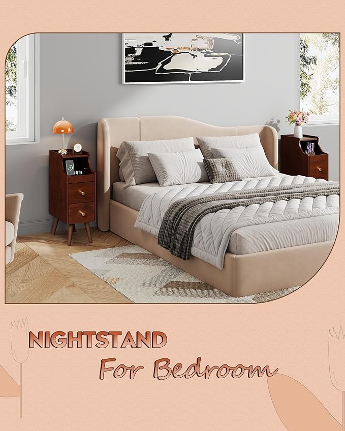 WLIVE Small Nightstand with Drawers, Narrow Bedside Tables with Open Shelf & Cable Hole, Narrow Nightstand for Bedroom, Modern Storage Cabinet for Small Spaces/Living Room, Cherry