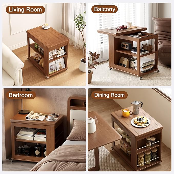 Folding Dining Table with Wheels, Solid Wood Dining Table Stylish 2-Tier Design for 2-4,Walnut Hidden Storage for Living Room,Small Spaces, Dining Room, Kitchen