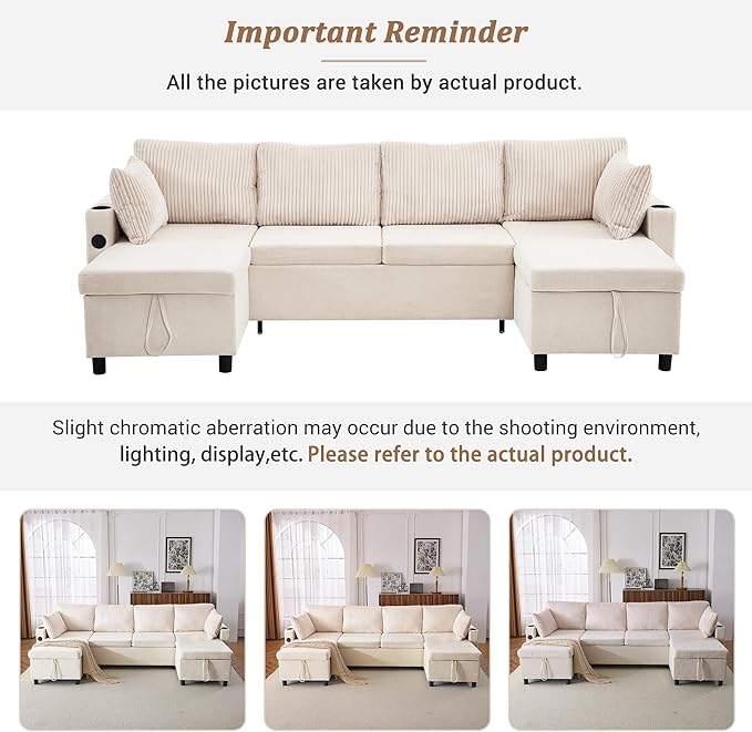 ERYE 113-Inch U-Shaped Pull Out Sleeper Couch Bed, Modern U Shaped Symmetrical Sleeper Sectional Sofa Convertible Sofa Bed with Storage Chaises & USB-C Ports for Living Room
