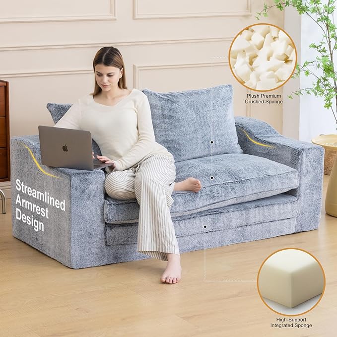 61" Convertible Sofa Bed Loveseat, Memory Foam Boneless Floor Couch with Removable Faux Fur Cover, Tri-folding Compact Full-size Sleeper for Small Living Room, Playroom, Guest Room, RV (White-on-Grey) | Convertible Sofa Bed, Premium Memory Foam, Ergono...