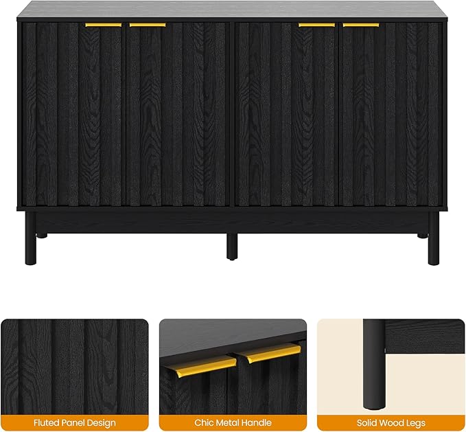 RoyalCraft 55'' Buffet Cabinet with Storage, Fluted Sideboard with Doors and Adjustable Shelves, Wood Credenzas Console Table for Kitchen, Dining Room, Living Room, Black