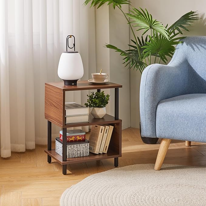 Minimalist Nightstand Light - Walnut Small Bedside Table with Open Storage, Small End Table for Bedroom, Light Walnut YD-TM152LW