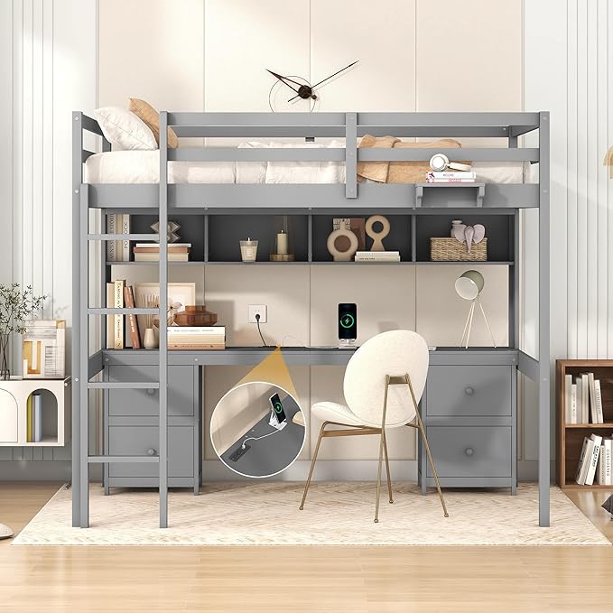 Full Size Loft Bed with Desk, Storage Cabinets, Drawers and Bedside Tray, Multifunctional Full Beds with Plug Outlets & 2 USB Port, Gray