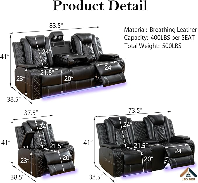 Power Recliner Sofa Sets for Living Room, Leather Recliner Sofa Set with LED Light, Console Storage, Cup Holder for Home Theater Seating(Loveseat and Chair,Black)