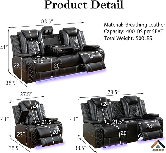 Power Recliner Sofa Sets for Living Room, Leather Recliner Sofa Set with LED Light, Console Storage, Cup Holder for Home Theater Seating(Loveseat and Chair,Black)