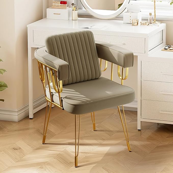 Makeup Vanity Chair with Gold Back No Wheels, Accent Velvet Desk Chairs with Extra Lumbar Pillow for Girls Bedroom Dressing Room Nail Salon Living Room, Greyish Brown