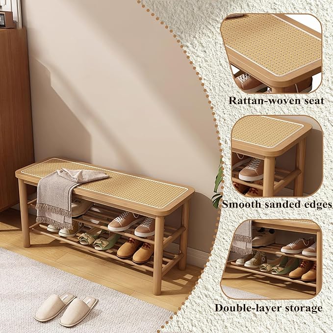 Bamboo Shoe Rack Bench with Rattan Seat, 3-Tier Shoe Storage Bench, Entryway Bench for Hallway，Nature-31.5 inches