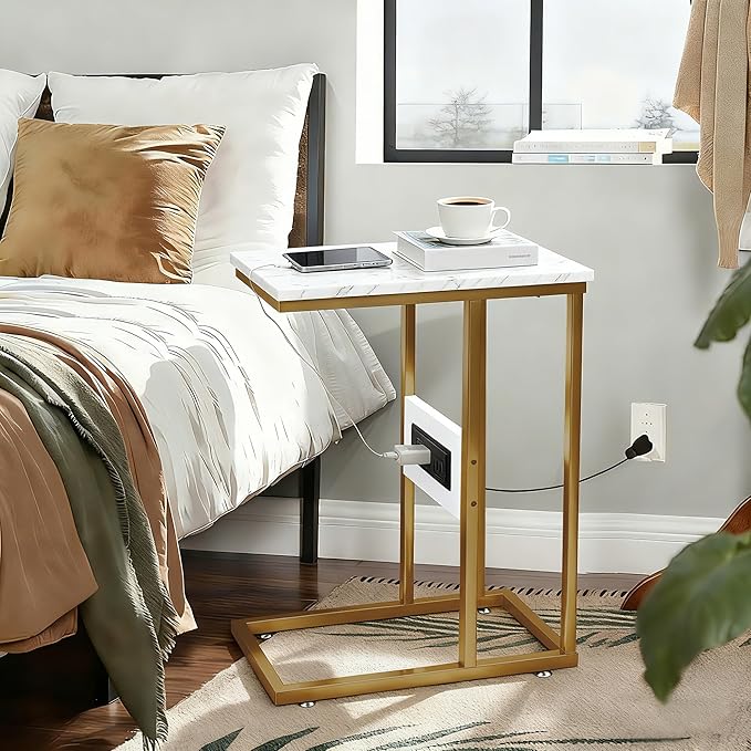 VECELO C-Shaped End Side Table with Charging Station & 2 USB Ports and Outlets for Living Room, Bedroom, with Adjustable Feet for Couch Sofa, Bedside, Small Spaces， Gold